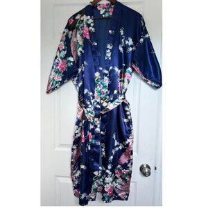 Kimono robe one size, Peacock Blue/pink Poly Satin